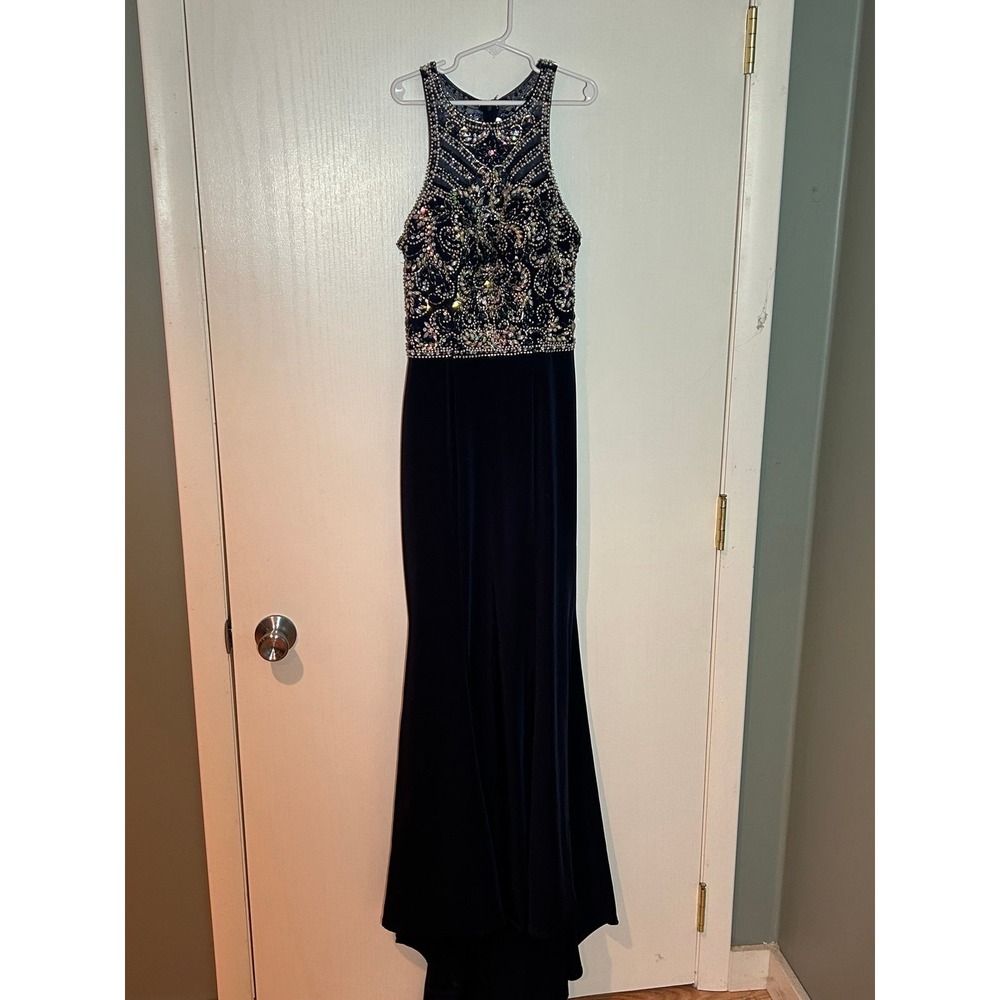 Studio 17 Elegant Navy Blue Beaded Embellished Formal Gown Evening Prom Dress 0